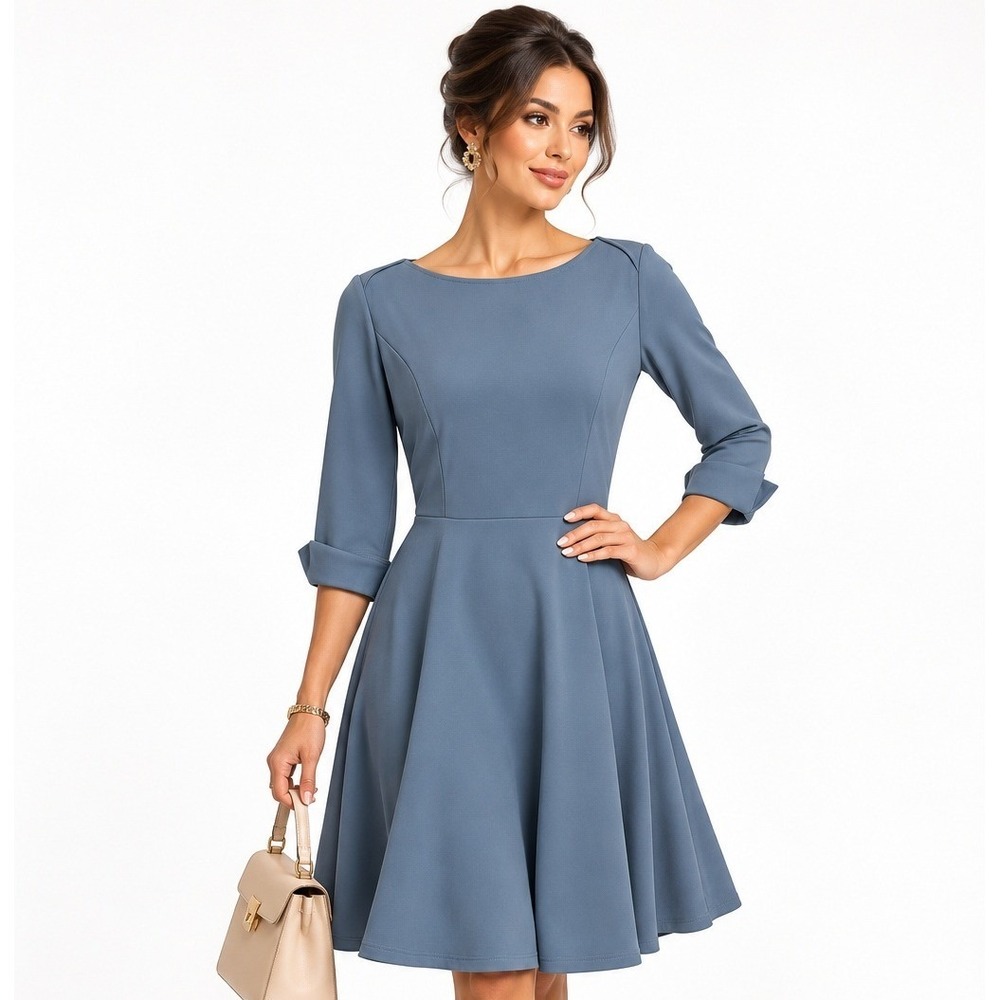 Grace Karin Womens Dusty Blue 3/4 Sleeve Fit and Flare Boat Neck Dress Size L